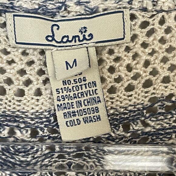 Lani Sweater Womens Medium Blue Cream Striped Boho Beachy Open Knit‎ High Low - Picture 4 of 9